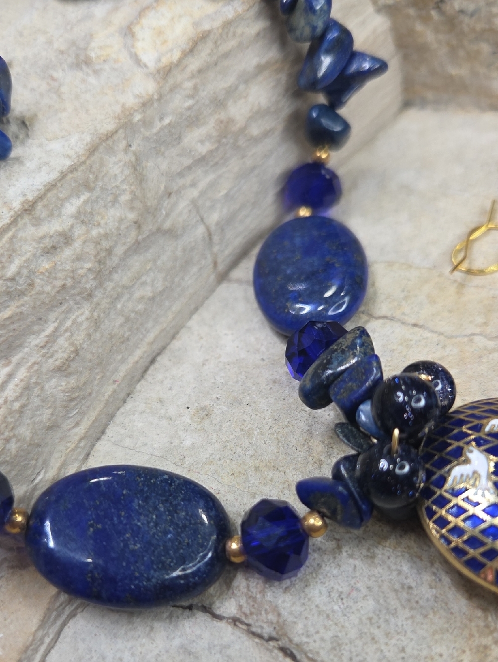Vintage cloisonne Pendant lapis Lazuli Necklace Wedding Cake 925 Earrings - Picture 11 of 13